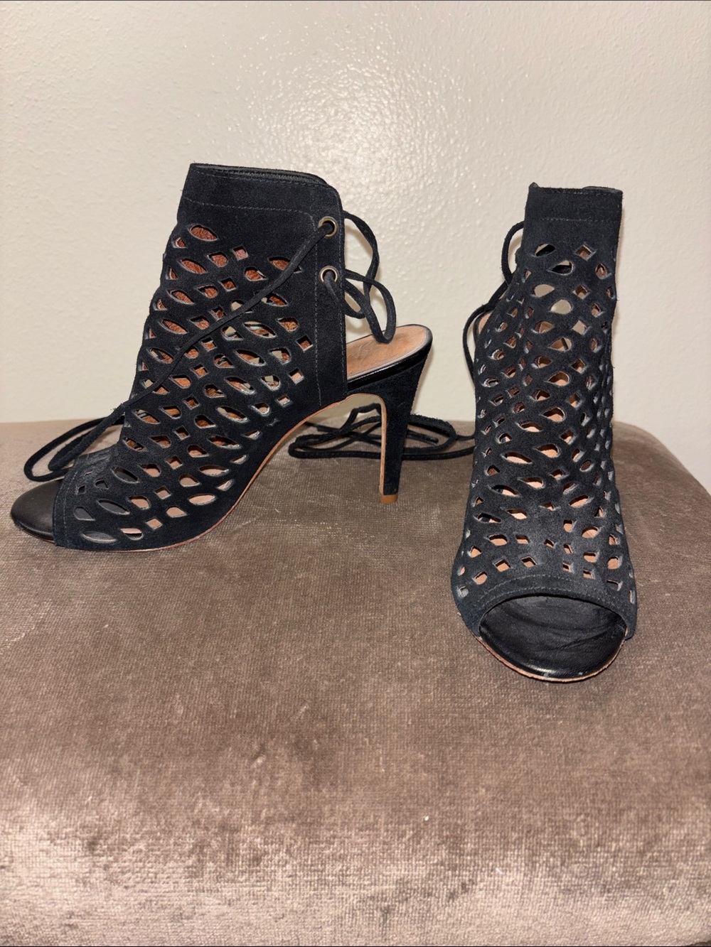 Joie Black Laser-Cut Lace-Up Peep Toe Heels lace up size 37